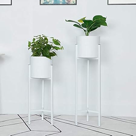 Weston Crafts Set of 2 Modern Plant Stand- Set with Tall Metal Stand, Decorative Standing Flower Succulent Pot Holder, Indoor Outdoor Terrace Patio Home Decor,White