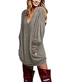 ZANZEA Women's V-neck Long Sleeve Pocket Loose Blouse Jumper Mini Dress Pullover Gray US 12-14/ASIAN L