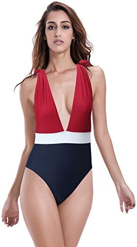Reteron Women's Sexy Deep Plunge V Neck One Piece Monokini Swimsuit Red Black L