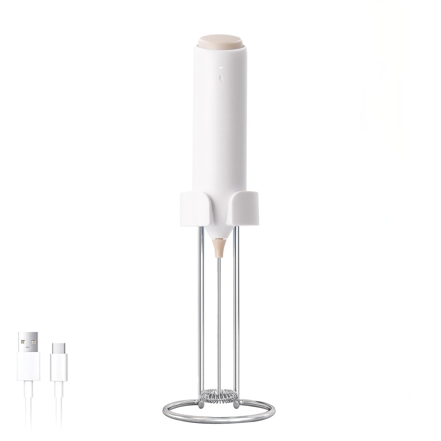 ELMWAY Rechargeable Milk Frother – Handheld Electric Whisk for Coffee, Latte & Matcha, Ergonomic Grip with Charging Stand or Wall Mount Holder – White
