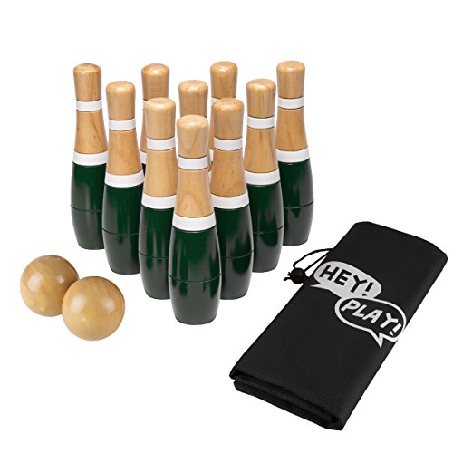 Hey!Play! Lawn Bowling Game/Skittle Ball- Indoor/Outdoor Fun for Kids, Adults -10 Wooden Pins, 2 Balls, and Mesh Bag Set, 8 Inch, Green/White