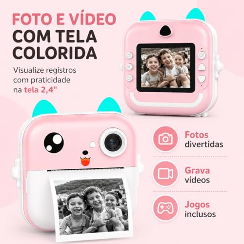 Câmera Infantil Digital Instantânea com Impressão Térmica (Rosa)