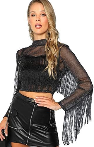 WDIRA Women's Stand Collar Long Sleeve Fringe Slim Fit Casual Crop Top Blouse