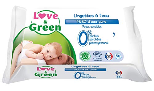 Love & Green Healthy and Ecological Water Wipes, Pack of 56 Wipes, Cosmos Natural Certified by ECOCERT and FSC, Recyclable Packaging — image 1
