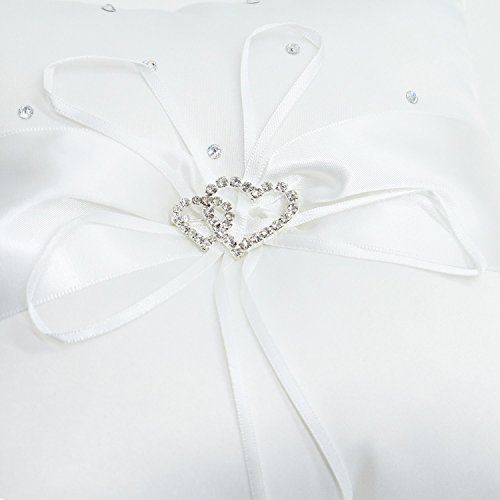 SenseYo 7.8 inches Satin Double Hearts Decoration Wedding Ring Bearer Pillow, White