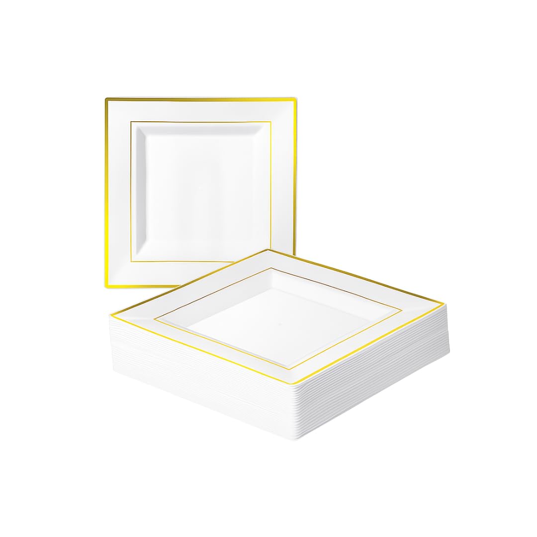 MATANA 20 Premium Square White Plastic Dessert Plates with Gold Rim, 16.5cm / 6.5 Inch - Reusable Small Side Plates, Starter Plates for Weddings, Birthdays, Picnic, BBQ, Parties