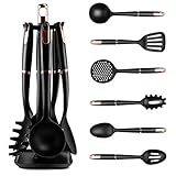 Silicone Cooking Kitchen Utensils Set, IEKA 6pcs Nylon Cooking Tool BPA Free Non Toxic Silicone Turner Tongs Spatula Spoon Kitchen Gadgets Utensil Set for Nonstick Cookware (Black)