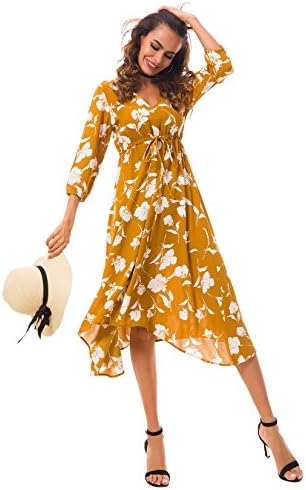 Tsher Women's Summer Three Quarter Sleeve Deep V-Neck Loose Chiffon Beach Dress 0058 (XXL, Mustard)