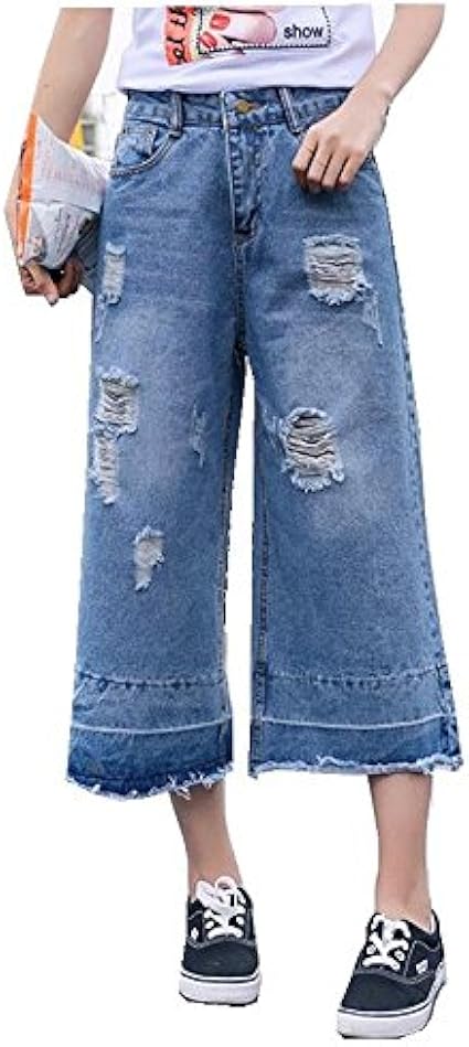 Amazon ダメージ加工がパンツ ワイドなデニムパンツ レディース 切りっぱなし 7分丈 ジーンズ ゆったり ガウチョ デニム パンツ ジーパン カジュアル クラッシュ加工デニム カプリ クロップトパンツ 通販
