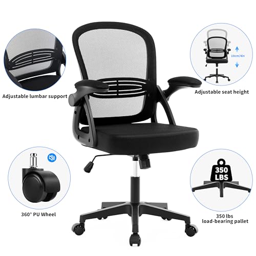 Fizzin Ergonomic Office Chair, Home Desk Chair, Adjustable Lumbar Support and Padded Seat, Breathable Mesh Computer Chair with Reversible Padded Armrests, Home Office Chair (Black)