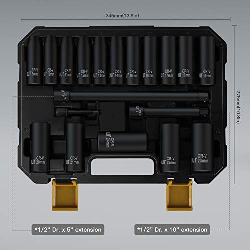 Ginour 1/2-Inch Drive Deep Impact Socket Set,19-Piece,Metric, CR-V, 6 Point, 8mm - 24mm,16-Sockets - Thumbnail 6