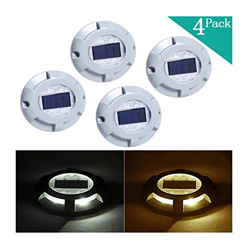 4 Pack Solar Deck Lights LED Dock Light Solar Lamps Step Road Path Stud Maker Light Waterproof Security Warning Driveway Lights for Outdoor Fence Patio Yard Home Pathway Stairs Garden(White)