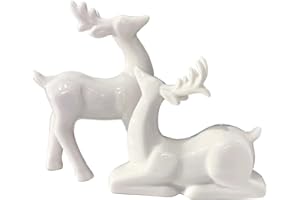 Porcelain Christmas Reindeer Figurines, Pack 2 Mini Animal Reindeer Decor Deer Statues Sculpture Tabletop Ornaments for Cabin