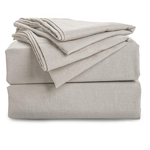 Bedsure 55% Linen & 45% Cotton Sheet Set with Up to 16" Deep Pocket Fitted Sheet- Queen Size(90"x90"), 4 Piece Ultra Soft Breathable Hypoallergenic Bed Sheets, Greige Natural Color