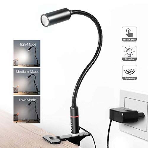 Clip on Lamp Reading Light LED Desk Clamp Lamp (AC Adapter Included) 3 Brightness Book Night Light, 360&deg;Flexible Neck Touch Control Eye-Care Perfect for Desk Computer and Bed Headboard Plug in