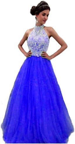 Liaoye Women's Halter Lace Prom Dresses Tulle Long Evening Gowns Formal Royal Blue 2