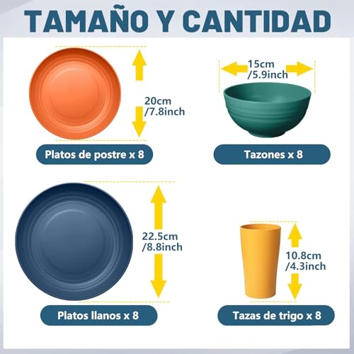 Juego de Vajilla de 32 PCS, Vajillas para 8 Personas de Paja de Trigo, Platos de Reutilizable con PP Irrompible, Incluye Platos, Cuencos y Tazas para Uso Doméstico y Picnic Aire Libre