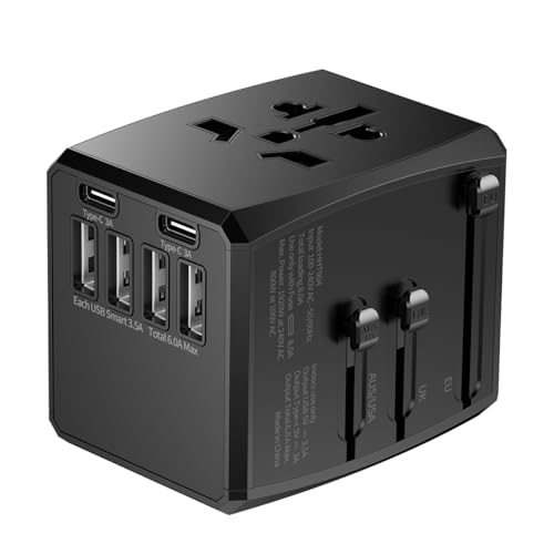 Carregador Universal com Adaptadores de Viagem, Adaptador de Tomada CA com Alimentação Inteligente de 6A 4 Portas USB A e 2 USB Tipo C de 3A para USA EU UK AUS(Bolsa de Viagem Incluída)