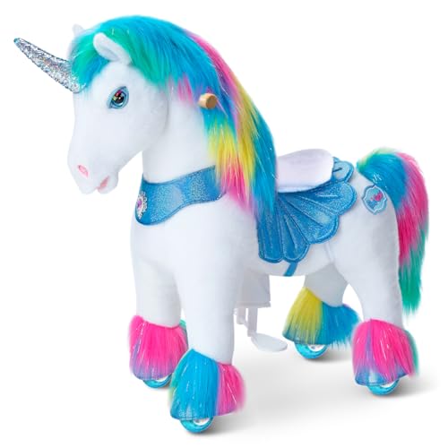 PonyCycle Rainbow Ride-on Unicorn Walking Pony Riding Horse Ride on Toy Advanced Model Y with Saddle Size 4 for Kids Ages 4-7, Indoor Outdoor with Wheels for Children Y454