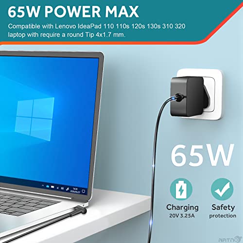 NATNO 65W AC Adapter Charger for Lenovo IdeaPad 330 330s 320 310 100 110 110S 120 120S 510 S340 S145 710S, Flex 3 4 5 6 Laptop 4.0 * 1.7 mm Round Tip Power Supply Cord(DL65200325)