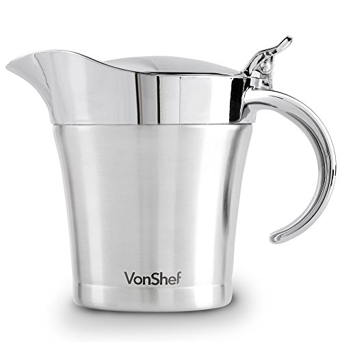 VonShef Double Wall Insulated Gravy Boat and Sauce Jug with Hinged Lid, Stainless Steel, 17 Oz
