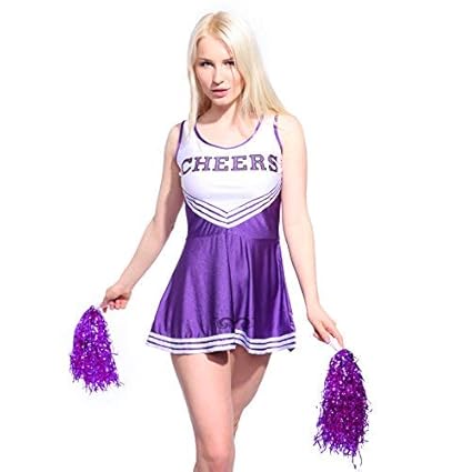 Anladia Mädchen Cheerleader Kostüm Dame Kostüm Kleid Cheerleading Fasching Karneval Bekleidung mit 2 Pompoms Purple