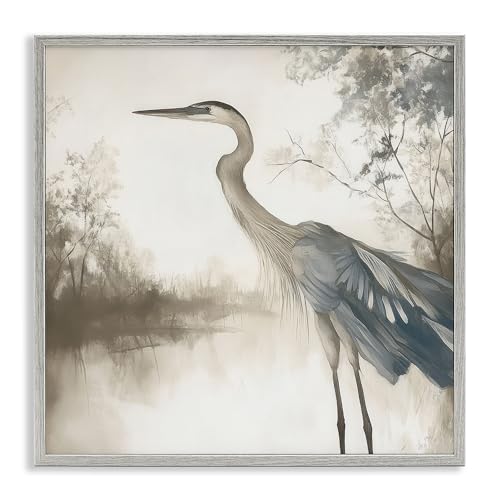 Stupell Industries Graceful Heron on Water Gray Framed Giclee Art design by Mon…