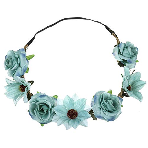 Women Girl Sunflower Rose Flower Crown Wedding Festival Headband Hairband Hair Garland(Cyan)