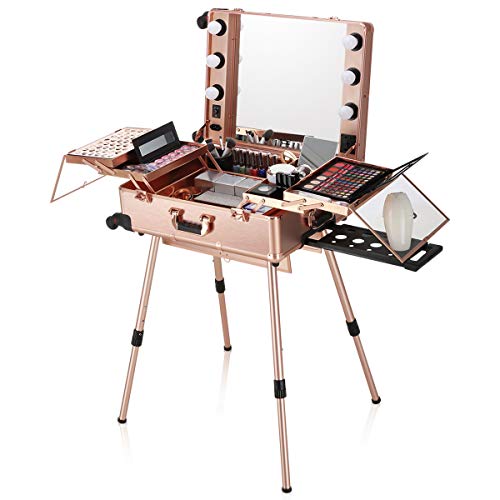 Ovonni LED Makeup Train Case, Lighted Rolling Travel Portable Cosmetic Organizer Box with Mirror & 4 Detachable Wheels, Professional Artist Trolley Studio Free Standing Workstation, Rose Gold