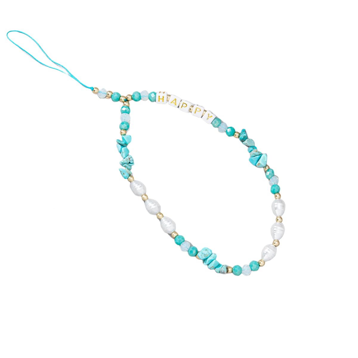 Handmade Bohemian Beaded Phone Charm Lanyard Wrist Strap Colorful Pearls Happy Letter Chain String Anti Lost Lanyard Hanging Cord for Women Girls Phone Charm Jewelry-Turquoise