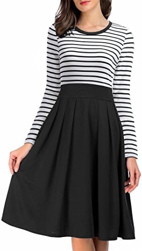 AAMILIFE Women's Scoop Neck Stripes Long Sleeve Casual Office Fit Swing Dress Black XL