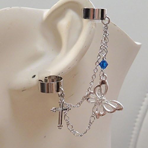 Amazon Co Jp 銀 シルバー 青 ブルー 十字架 クロス 蝶 バタフライ 2連 チェーン イヤーカフス イヤークリップ イヤーカフ フェイク ゴシック ゴスロリ パンク ｖ系アクセサリー レディース メンズ コスプレ ハロウィン ライブ ジュエリー