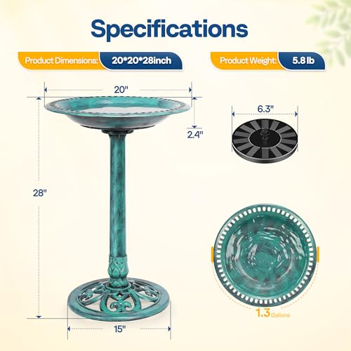VIVOHOME Bird Bath with Solar Fountain Antique Bird Bath Outdoor Garden Feeding Bowl for Wild Birds Water Drinker, Green