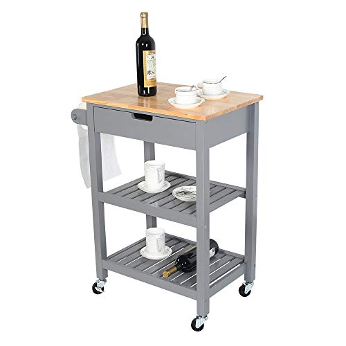 U-Eway Kitchen Rolling Island,Bar Serving Cart on Wheels,3 Tiers Wine Tea Beer Shelves Holder with Drawer,Trolley with Storage for Dining Rooms Kitchens (Grey) - Thumbnail 5