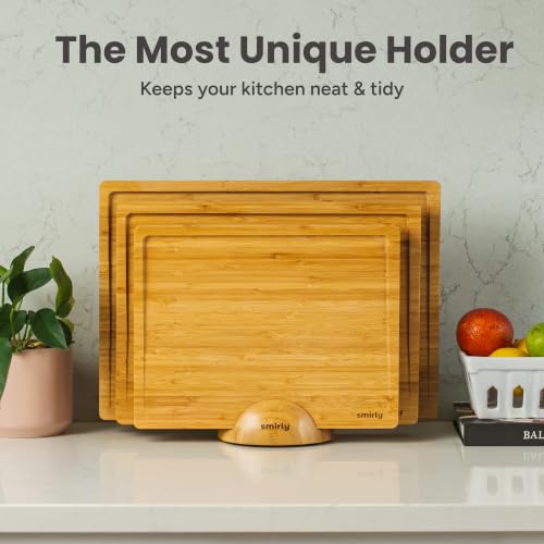 SMIRLY Bamboo Cutting Boards for Kitchen - Wood Cutting Board for Meal Prep, Serving, Charcuterie - Kitchen Gadgets, House Warming Gifts - Wooden Chopping Board Set of 3 with Holder - Natural Bamboo