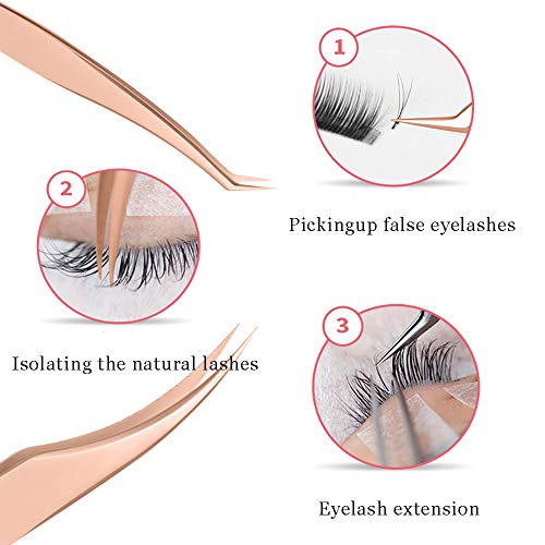 LanMa EyelashÂ Extensions Tweezers Curved Tip Tweezers Stainless Steel Precision Volume Lash Tweezers Set - Rose Golden