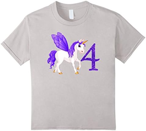 unisex-child Little Girl 4 Year Old Shirt Unicorn 4th Birthday TShirt 4 Silver