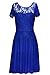 Amoluv Women Round Neck Short Sleeve Pleated Lace Slim Dress Blue Small