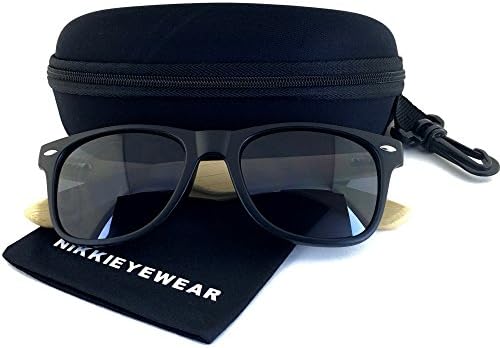 NIKKIEYEWEAR - Classic Bamboo Wayfarer Retro Square Wooden Temples Sunglasses (Bamboo Temples, Black)