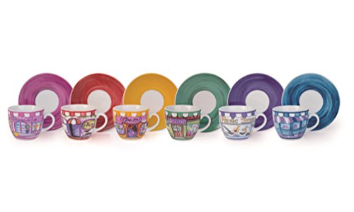 Excelsa Tazze & Co. 6 Tazze Caffe Con Piattino Shops, Porcellana, Multicolore, 6.3 X 6.3 X 5.4 Cm