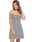 Zeagoo Women's Off Shoulder Striped Casual Tunic Swing Dress (Medium, Blue)