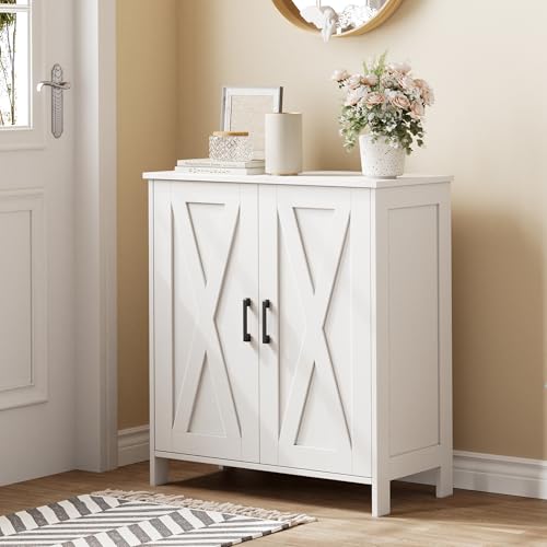 Homleke Farmhouse Shoe Cabinet with 2 Barn Doors & Wood Legs | Tall 4-Tier Shoe Storage Cabinet, 3 Adjustable Shelves, Shoe Rack Organizer, for Entryway, Hallway, Closet, White