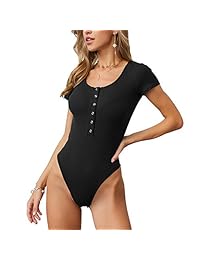 GEMBERA - Body de manga corta para mujer con cuello redondo y botones acanalados