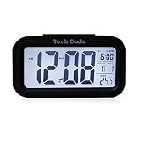 HITO 5.3" Smart, Simple and Silent Alarm Clock w/ Date Display, Repeating Snooze, Sensor Light + Night Light (White night light, Black)