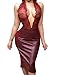 ALLEGRACE Women Sexy Luxury Lace Halter Neck Banquet Cocktail Prom Party Dresses Wine Red M