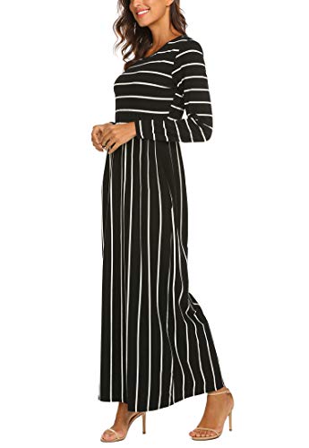 Women's Long Sleeve Striped Round Neck Casual Long Maxi Dress with Pockets (1-Long Sleeve Black, Small)