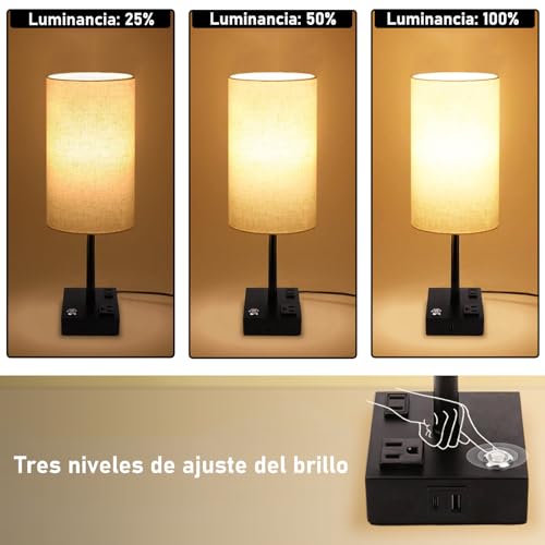 LONGLIV 2 Pcs Lampara de Buró, Lámpara de Mesita de Control Táctil, Lámpara de Mesita de Noche, Brillo de 3 Niveles, con Puerto USB, Puerto Type-C y 2 Toma de Corriente (Bombilla LED Incluida) (2)