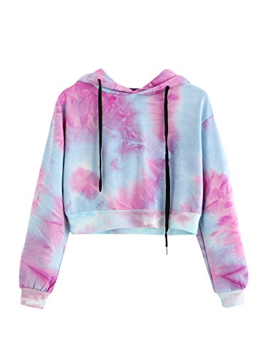 MAKEMECHIC Women's Long Sleeves Tie Dye Ombre Sweatshirt Crop Top Hoodies Light Blue XS