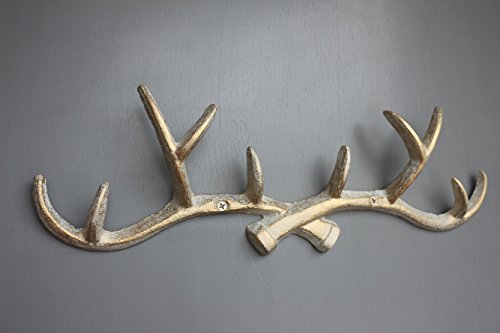 WHITE GOLD 14 inch Vintage Rustic Cast Iron Deer Antlers Coat Rack Key Holder Jewellery Display Rack Bathroom Towels Hanger Rustic Cabin Hanger(with screws) - Thumbnail 4