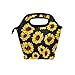 ZOEO Sunflower Black Lunch Box Tote Lunch Bag Summer Floral Insulated Waterproof Cooler Handbags with Zipper for Outdoor Travel Picnic School Office